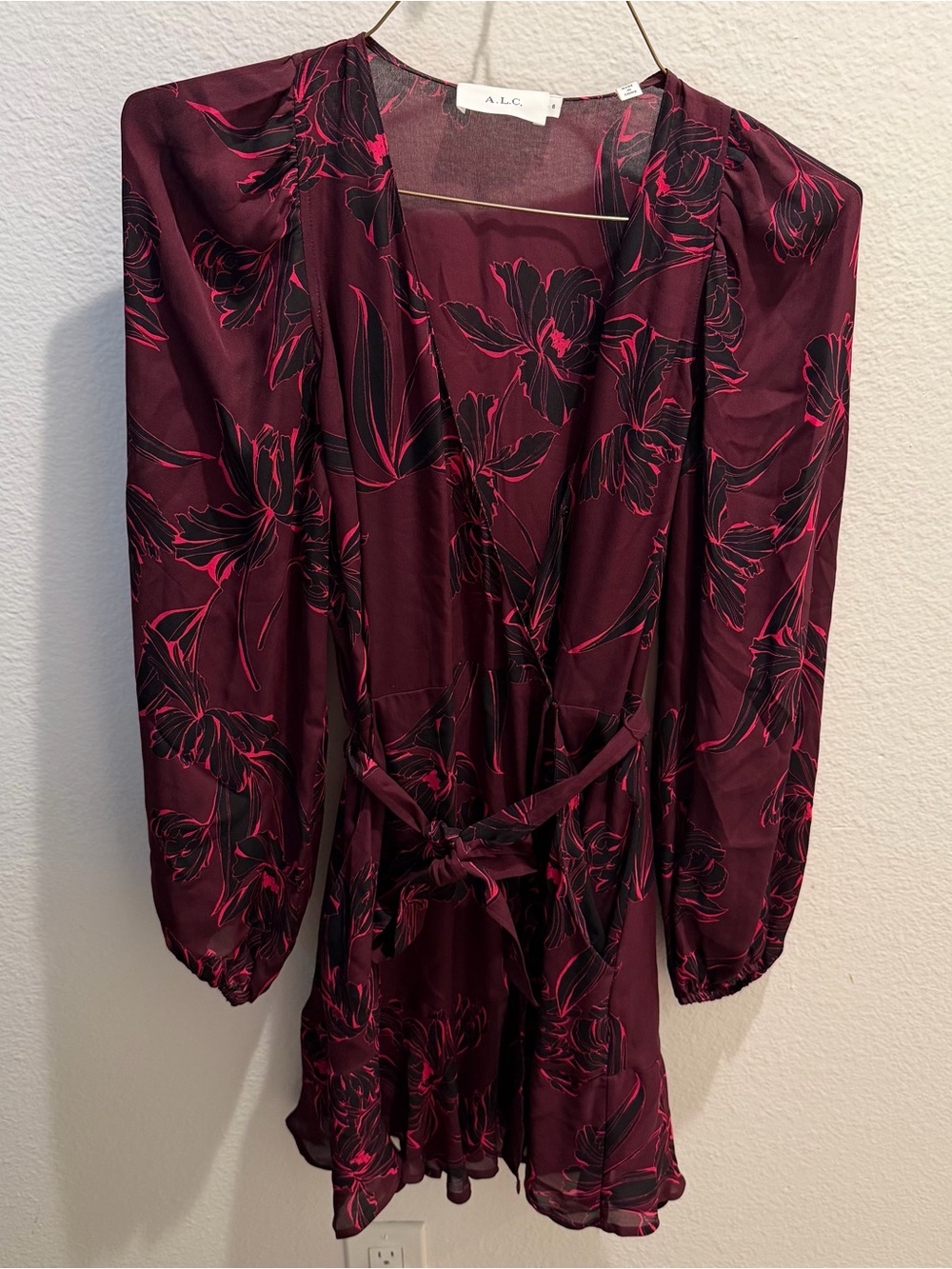 A.L.C. Burgundy Long-Sleeve Floral Wrap Dress with Pink Print